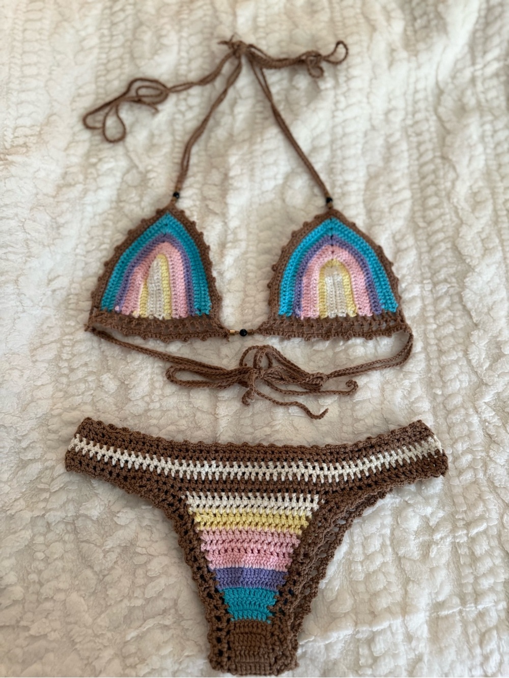 Brown Crochet Rainbow-Trim Bikini Set - Picture 3 of 7